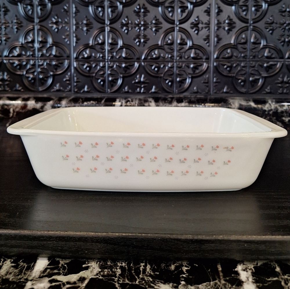 Pyrex Laura Ashley Pink Tulips Rectangle Milk Glass Baking Dish, Casserole